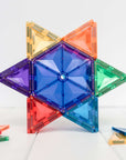 Colorful star shape made from Connetix Rainbow Geometry Pack 30 pc geometric tiles.