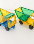 Rainbow Car Pack 2 pc - colorful toy trucks in blue and yellow with magnetic tiles, perfect for imaginative play.