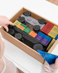 Rainbow Transport Pack 50 pc with colorful tiles and vehicle pieces ready for imaginative play.
