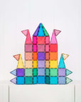 Colorful creation of a castle made with Glitter Castle Pack 48 pc, featuring sparkling translucent tiles.
