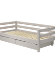 Versatile grey single bed with storage, 90x200 cm, featuring a headboard and clean Scandinavian design.