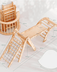 Goodevas Montessori 4-in-1 Pikler Climbing Set dimensions, including climbing arch, slide, and rope net.