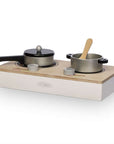 Mamamemo Wooden Hob with pots and wooden spoon, ideal for imaginative play and roleplay cooking.