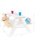 Children's picnic bench 'Nicki' with teddy bear and colorful cups, perfect for outdoor play.