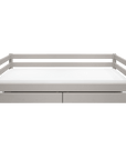 Single bed with storage drawers, 90x200 cm, grey, featuring a backrest and a sleek Scandinavian design.