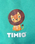 Colorful Timio logo with a cute lion character on a turquoise background.