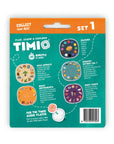 Timio Disc Pack Set 1 back cover showcasing illustrations and audio themes for children.