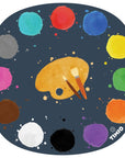 Colorful palette with 12 vibrant paints and brushes, perfect for creativity, from Timio Disc Pack Set 1.