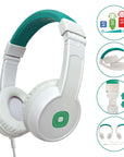 Timio Headphone in white with green accents, designed for children, adjustable, foldable, lightweight.
