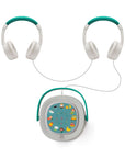 Timio Headphone connected to a colorful Timio player, designed for children aged 3-12 for safe listening.
