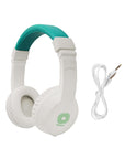 Timio Headphone in white with green accents, perfect for kids' stories and music, lightweight and foldable.