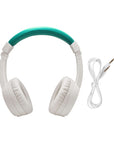 Timio Headphone in white with turquoise accents and detachable audio cable for children.