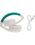 Timio Headphone in white and teal with a detachable audio cable, designed for kids' comfort and safety.