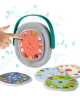 Timio Player + 5 Discs Rechargeable, a toddler-friendly audio player with magnetic discs for interactive learning.