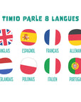 Timio Player + 5 Discs Rechargeable shows flags representing 8 languages for multilingual learning.