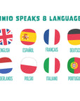 Timio Player + 5 Discs Rechargeable shows flags of 8 languages for children’s learning and exploration.