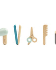 Colorful hairdressing tools from PlanToys Hairdresser Set including scissors, comb, hairdryer, straightener, and clipper.