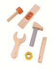 Colorful wooden tools from the PlanToys Tool Belt for imaginative play and hands-on activities.