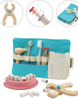 PlanToys Dentist Set featuring wooden dental tools, play syringe, and colorful teeth for fun role-play.