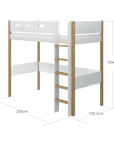 Hoogslaper met rechte ladder en veiligheidsrail, 90x200 cm, wit/eiken