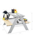 Children's picnic bench 'Nicki' in grey wood with stuffed toys and drawing supplies, ideal for outdoor play.