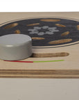 Close-up of a realistic wooden hob burner with turnable knob for imaginative play cooking.