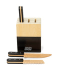 Wooden knife block with 3 play knives for kids' pretend kitchen roleplay from Mamamemo.