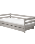 Grey single bed with storage, 90x200 cm, featuring a backrest and footboard, ideal for kids' rooms.