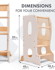 Goodevas Montessori Learning Tower dimensions illustration showing height and width for your convenience.