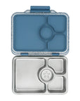 Yumbox Pret stainless steel lunch box in Paris Blue Glitter with four compartments for easy meal separation.