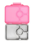 Yumbox Pret Stainless Steel – 4 Sections Versailles Pink lunchbox with pink exterior and stainless steel interior.