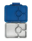 Yumbox Pret Stainless Steel – 4 Sections Twilight Blue Glitter lunchbox with a glittery lid open to reveal compartments.