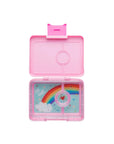 Yumbox Snack Box 3 Sections - Power Pink Rainbow with colorful rainbow design and three compartments.