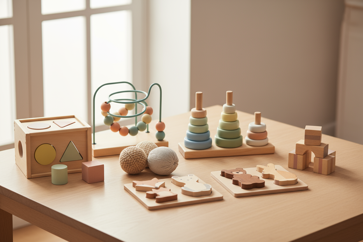 A table filled with montessori toys