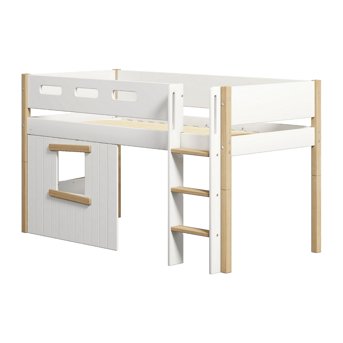 High bed with treehouse design, ladder, safety rail, and white oak finish, ideal for children&#39;s play and sleep.