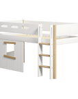 High bed with treehouse design, ladder, safety rail, and white oak finish, ideal for children's play and sleep.