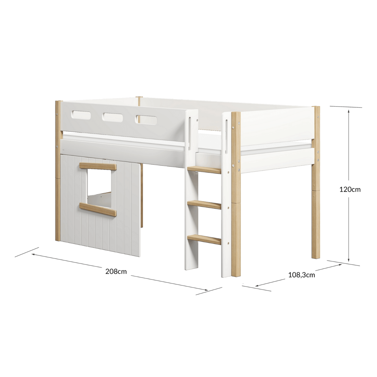 High bed 120 cm with treehouse design, ladder, and safety rail, dimensions 206x108.3x120 cm, in white and oak.