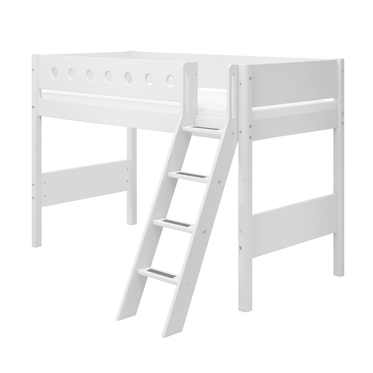 High bed with ladder and safety rail in white, ideal for older children, 90x200 cm for stylish bedroom solutions.