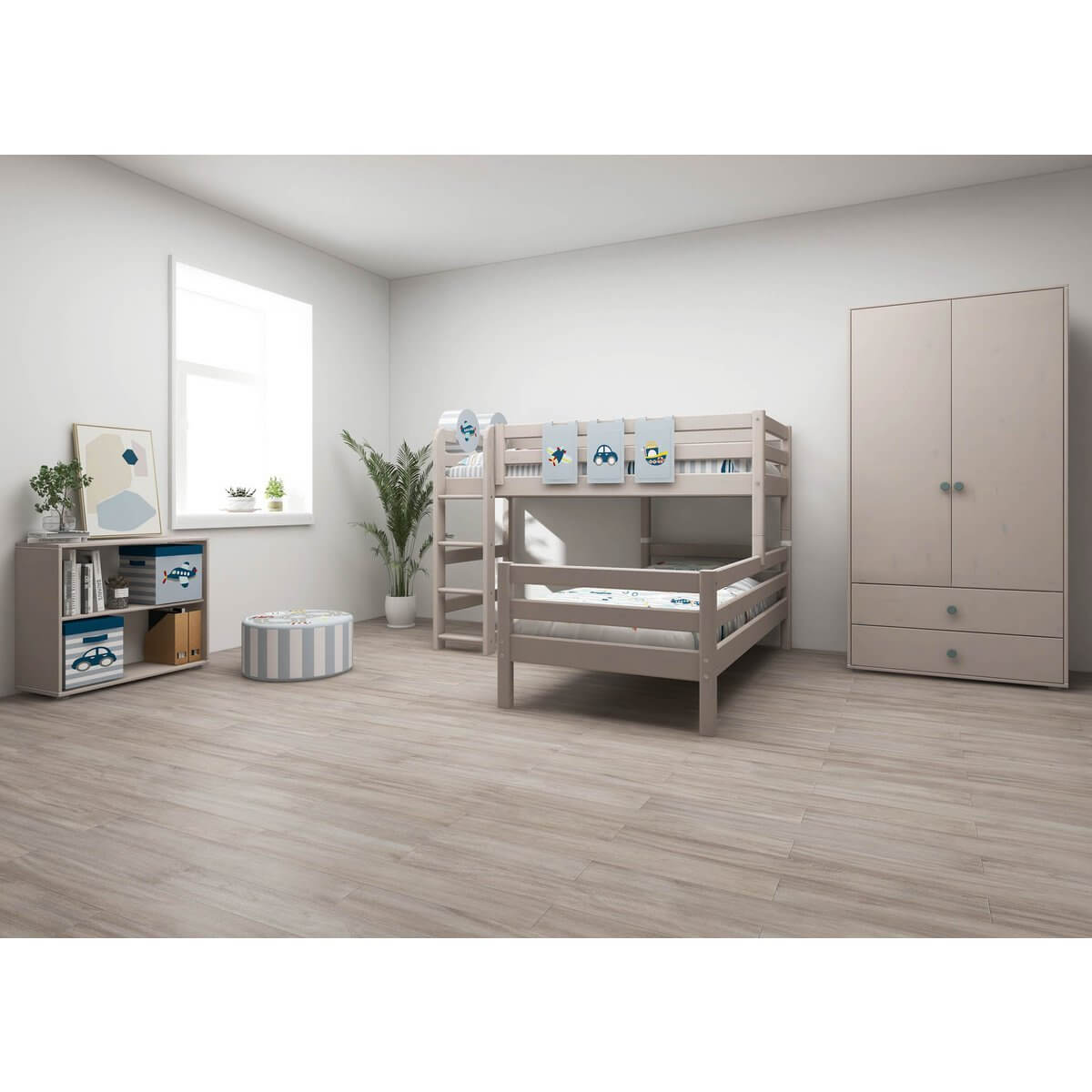 Modern grey bunk bed in a bright child's room, featuring a sturdy ladder and safety rails, perfect for small spaces.