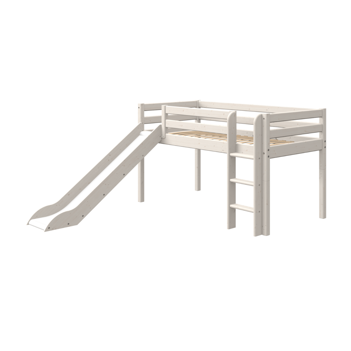 FLEXA CLASSIC Mid-High Bed in white with slide and ladder, perfect for children's playful retreats.