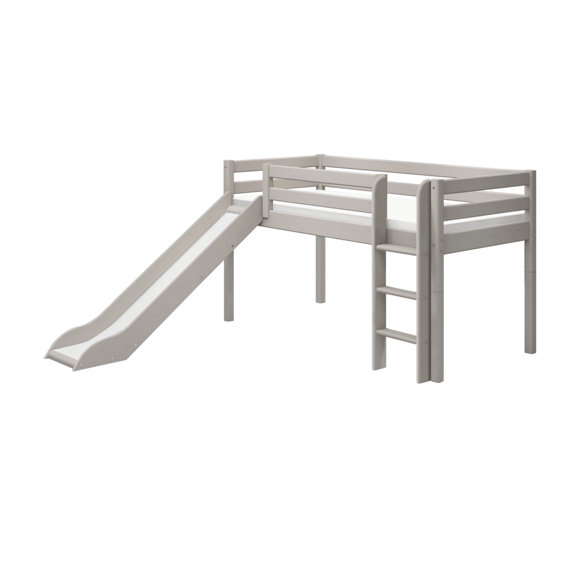 FLEXA CLASSIC High Bed 120 cm with slide, ladder, and safety rail in grey finish.