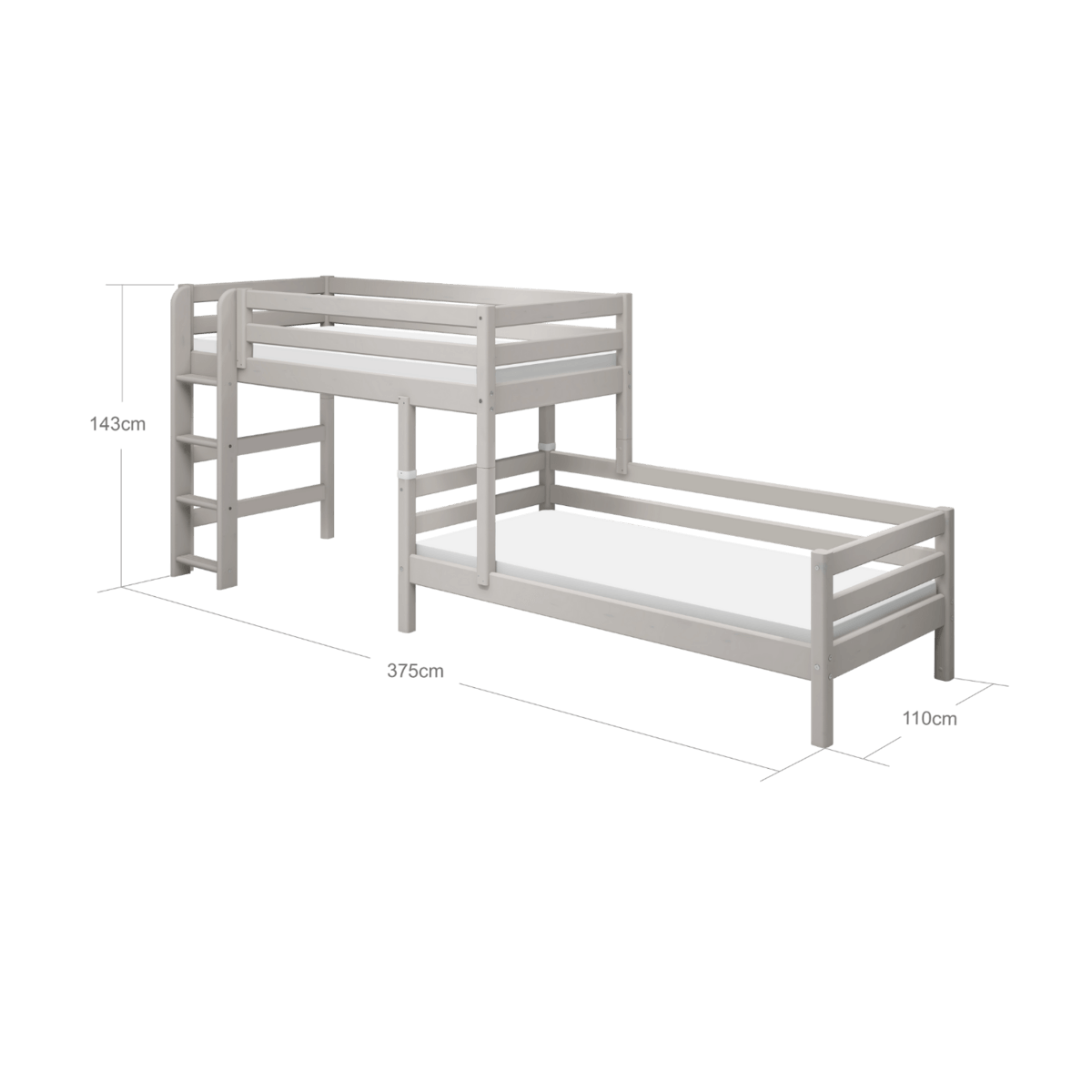 FLEXA CLASSIC 143 cm grey bunk bed with ladder and safety rail, dimensions 90x200 cm.