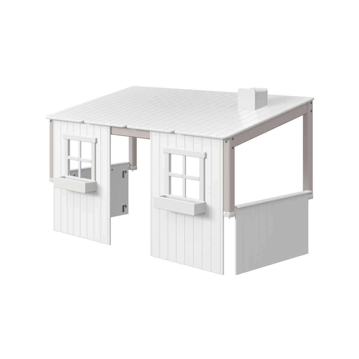 Classic House add-on for FLEXA CLASSIC bed with window boxes and chimney, perfect for imaginative play.
