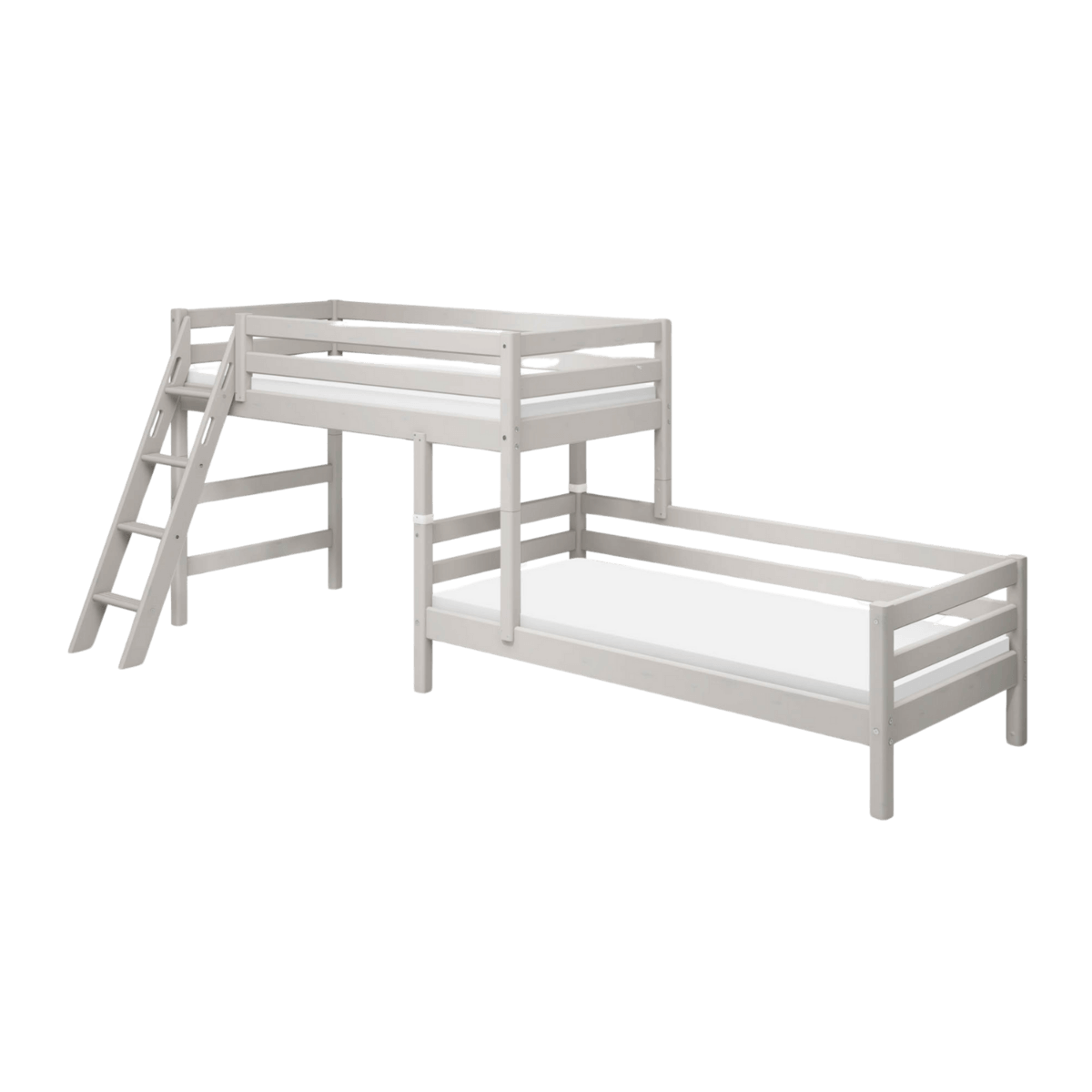 Grey bunk bed with slanting ladder and safety rail, ideal space-saving solution for kids' rooms.