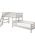 Grey bunk bed with slanting ladder and safety rail, ideal space-saving solution for kids' rooms.