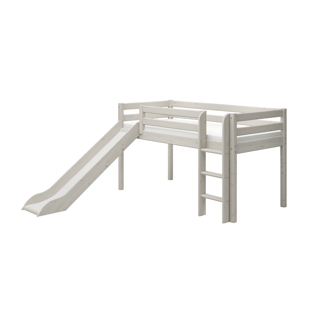 High bed with slide and ladder, 120 cm high, 90x200 cm size, in white, perfect for playful kids' rooms.