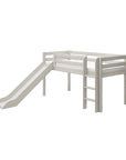 High bed with slide and ladder, 120 cm high, 90x200 cm size, in white, perfect for playful kids' rooms.