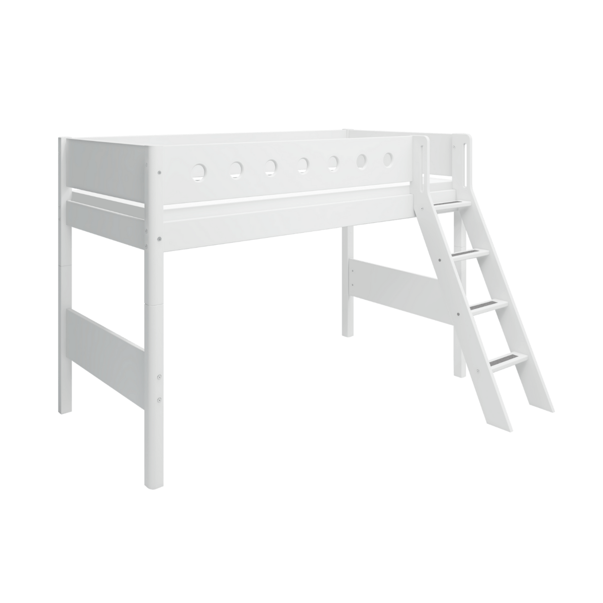 FLEXA White High Bed 143 cm with safety rail, ladder, and storage space beneath, perfect for older children.