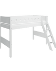 FLEXA White High Bed 143 cm with safety rail, ladder, and storage space beneath, perfect for older children.