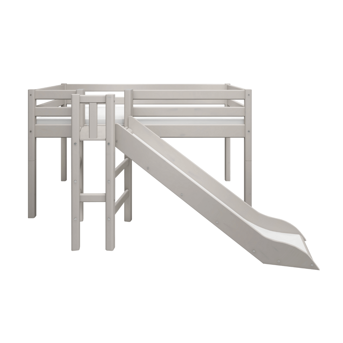 High bed with slide and safety rail in grey, designed for fun and flexible setups in children's rooms.